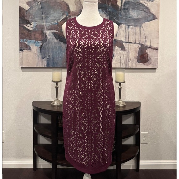 Catherine Malandrino Deep Plum Cabernet Purple Lace Laser Cut Pencil Dress sz 2 - Picture 1 of 16